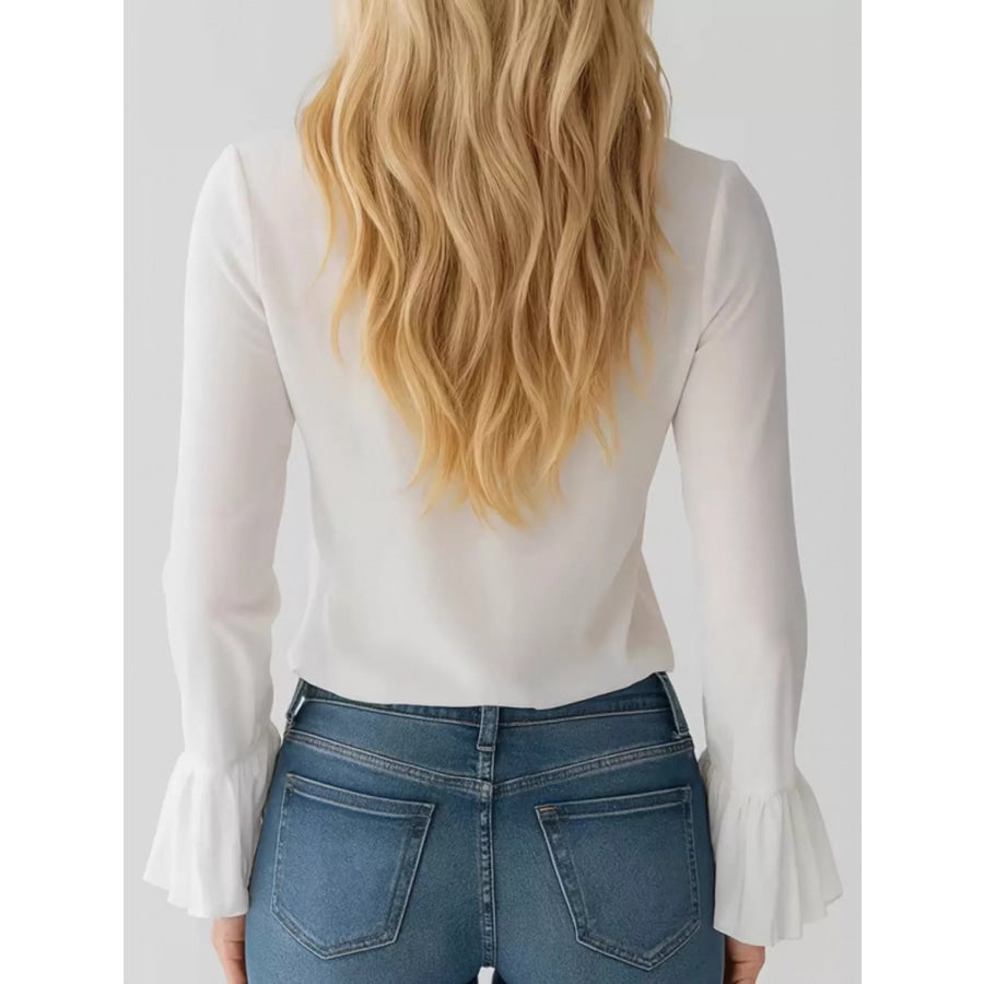 Ruffled Tie Front Flare Sleeve Blouse Apparel and Accessories