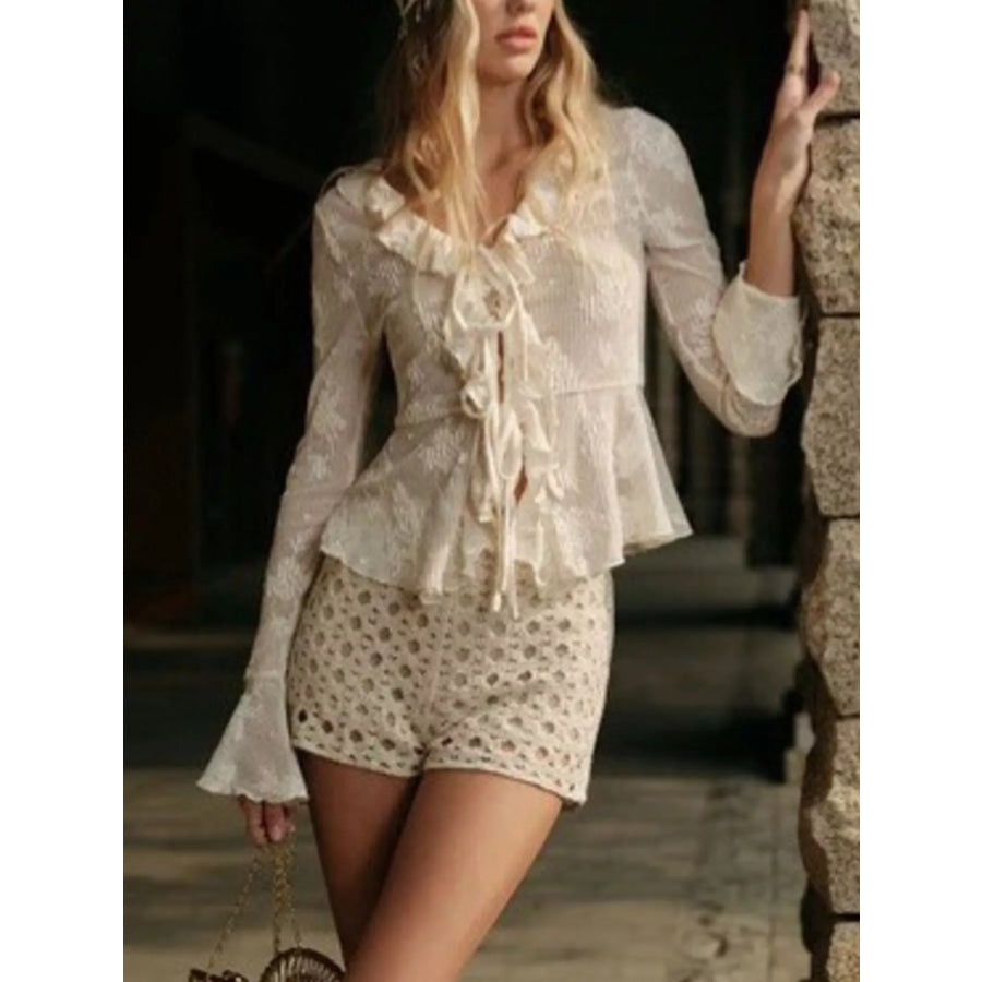 Ruffled Tie Front Flare Sleeve Blouse Apparel and Accessories