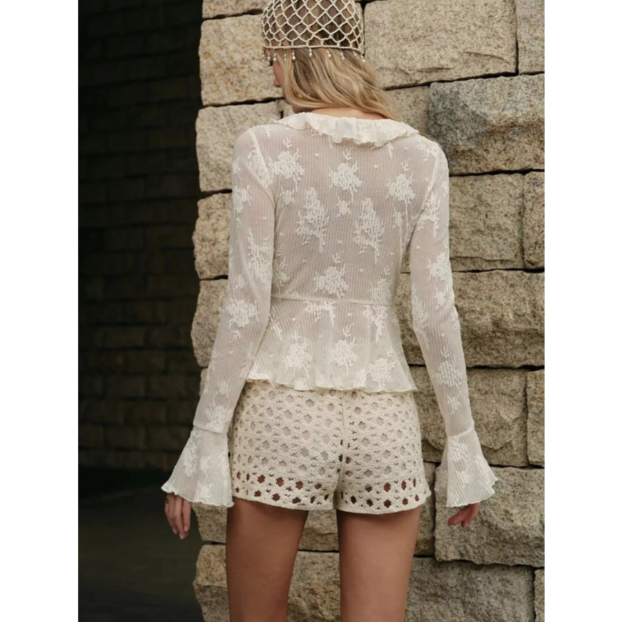 Ruffled Tie Front Flare Sleeve Blouse Apparel and Accessories