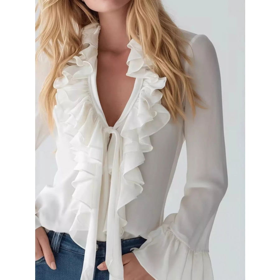 Ruffled Tie Front Flare Sleeve Blouse White / S Apparel and Accessories