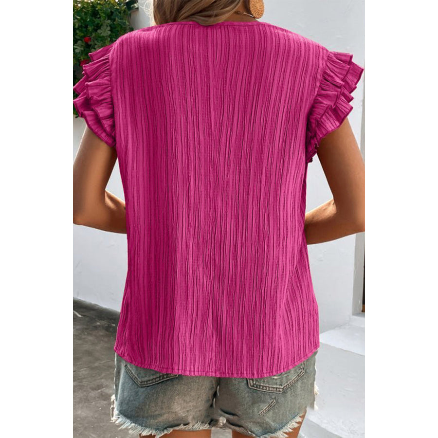 Ruffled Tie Neck Cap Sleeve Blouse Apparel and Accessories