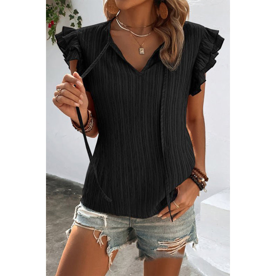 Ruffled Tie Neck Cap Sleeve Blouse Black / L Apparel and Accessories