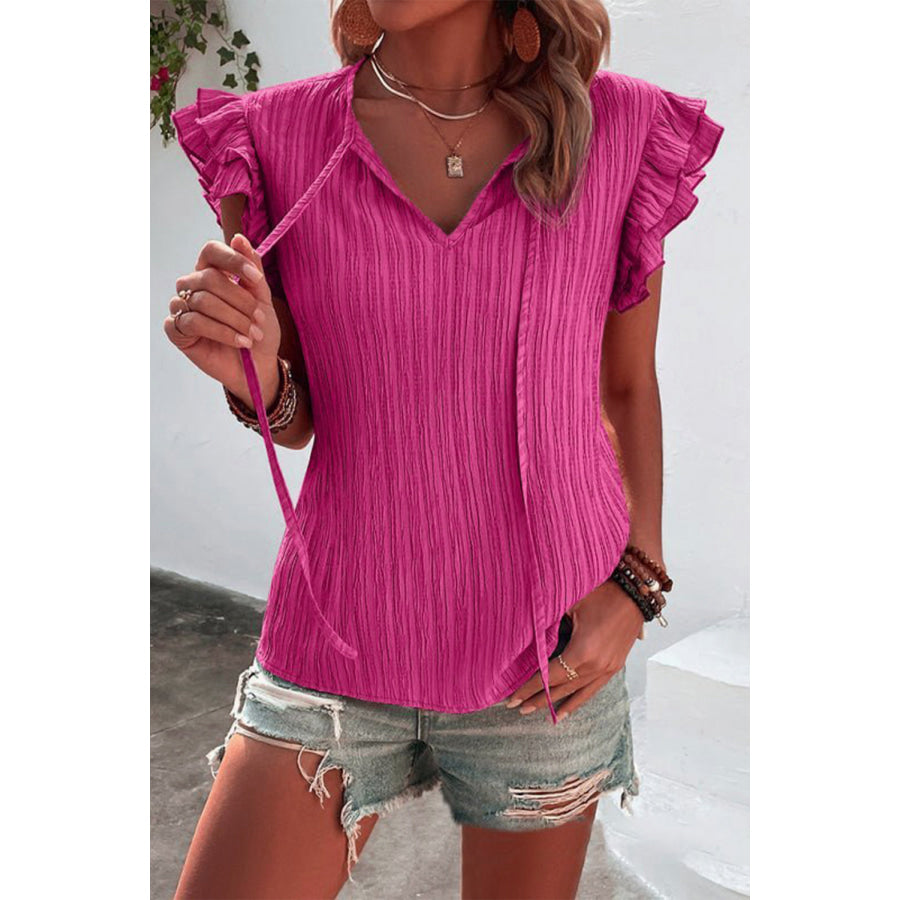 Ruffled Tie Neck Cap Sleeve Blouse Deep Rose / S Apparel and Accessories