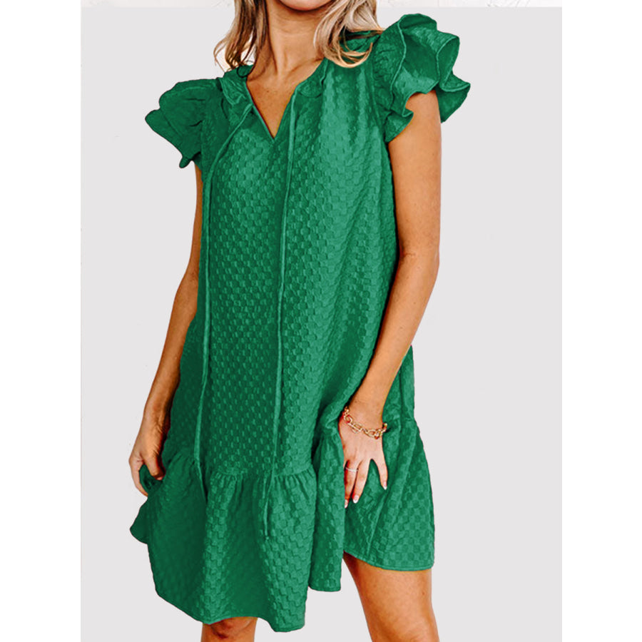 Ruffled Tie Neck Cap Sleeve Dress Green / S Apparel and Accessories