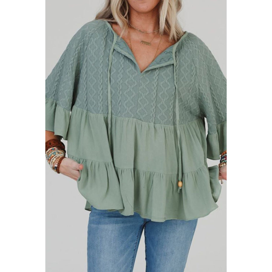 Ruffled Tie Neck Three-Quarter Sleeve Blouse Apparel and Accessories