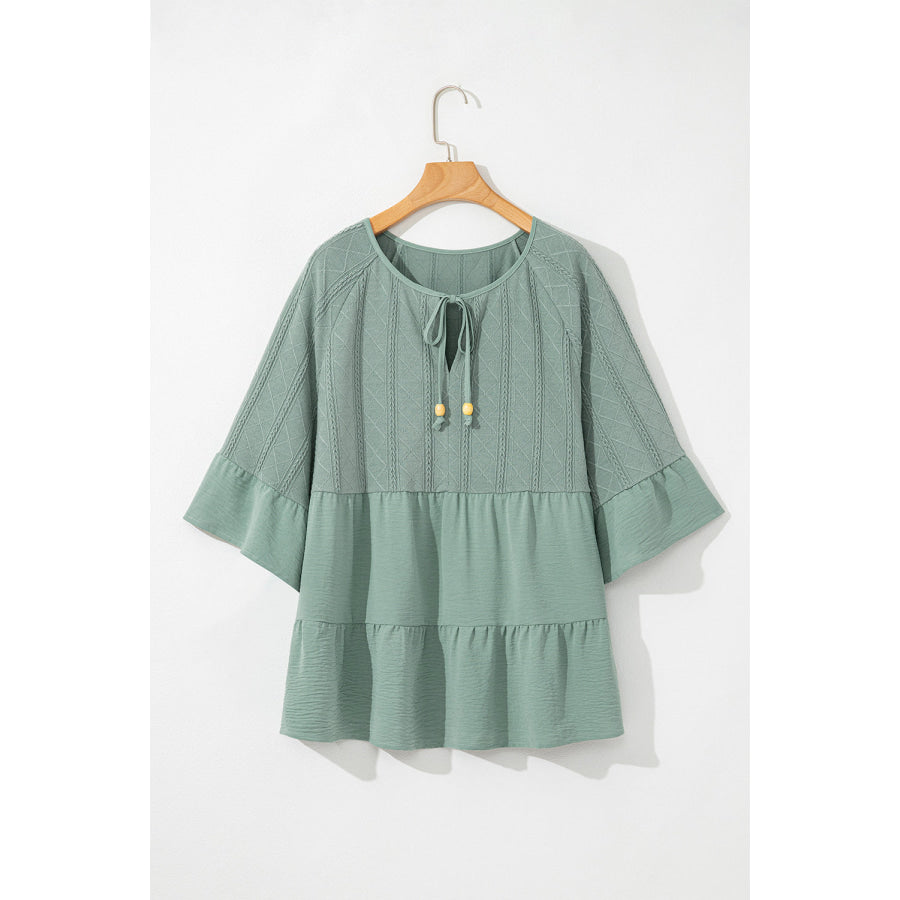 Ruffled Tie Neck Three-Quarter Sleeve Blouse Apparel and Accessories