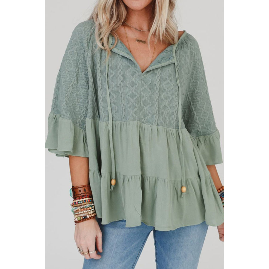 Ruffled Tie Neck Three-Quarter Sleeve Blouse Apparel and Accessories