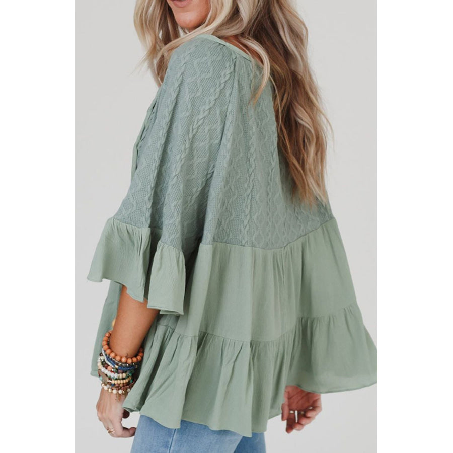 Ruffled Tie Neck Three-Quarter Sleeve Blouse Apparel and Accessories