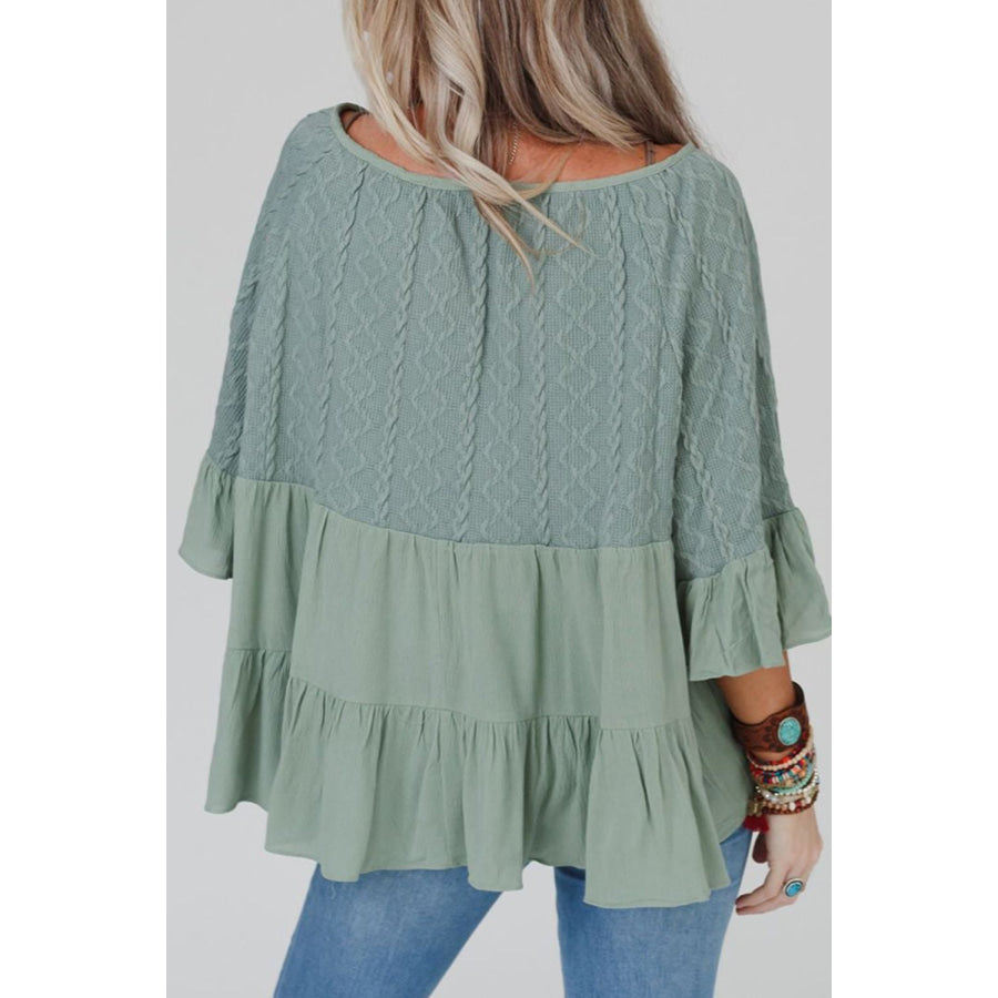 Ruffled Tie Neck Three-Quarter Sleeve Blouse Apparel and Accessories