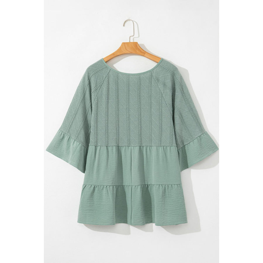 Ruffled Tie Neck Three-Quarter Sleeve Blouse Apparel and Accessories