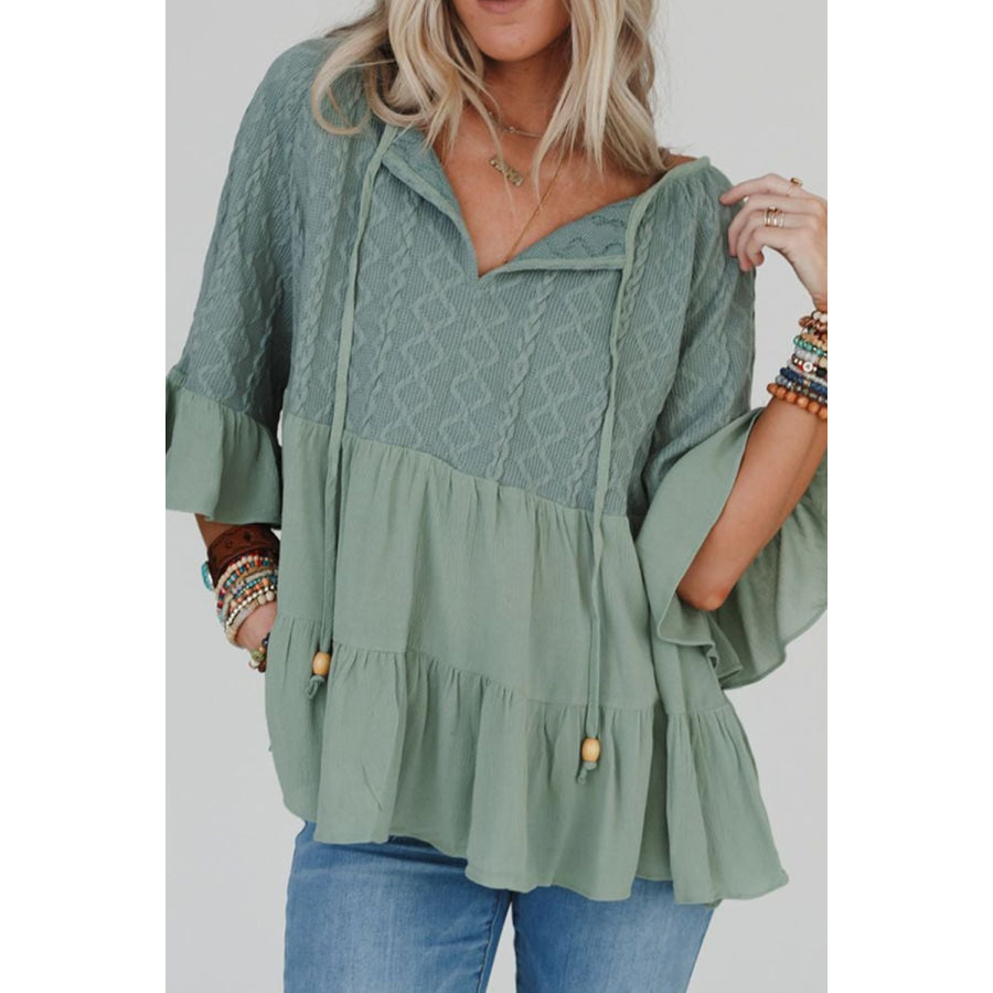 Ruffled Tie Neck Three-Quarter Sleeve Blouse Sage / S Apparel and Accessories