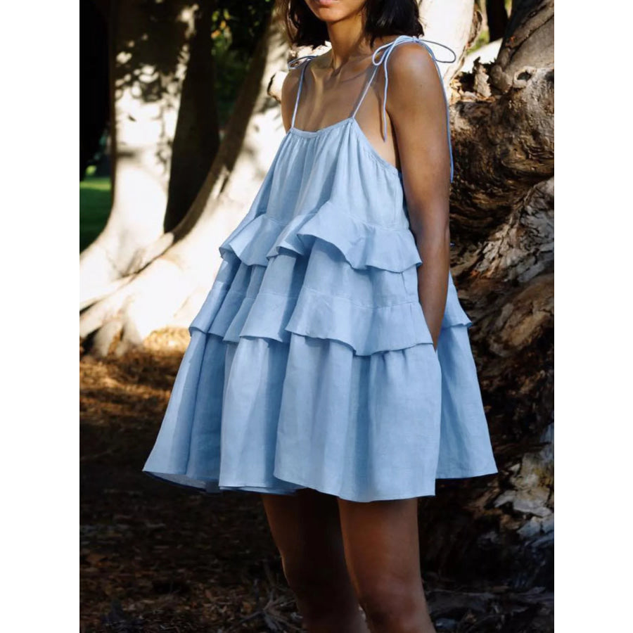 Ruffled Tie Shoulder Mini Dress Apparel and Accessories