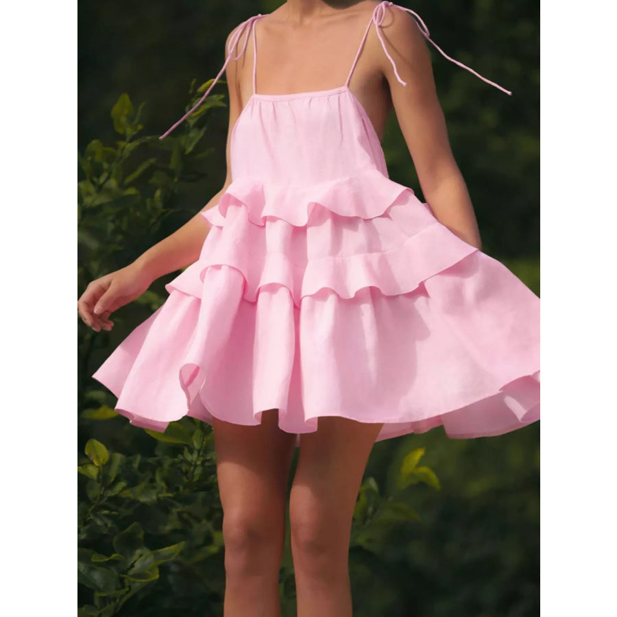 Ruffled Tie Shoulder Mini Dress Pink / S Apparel and Accessories