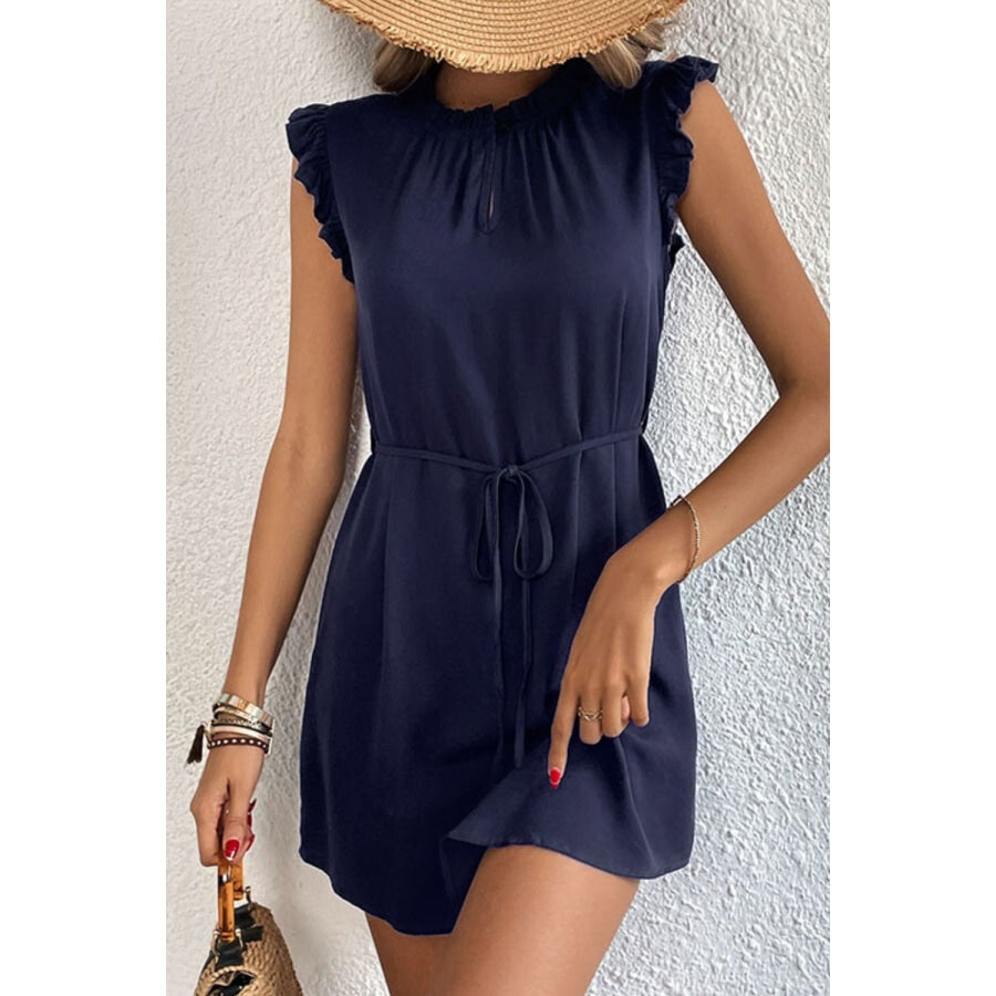 Ruffled Tie-Waist Keyhole Dress Dark Navy / S