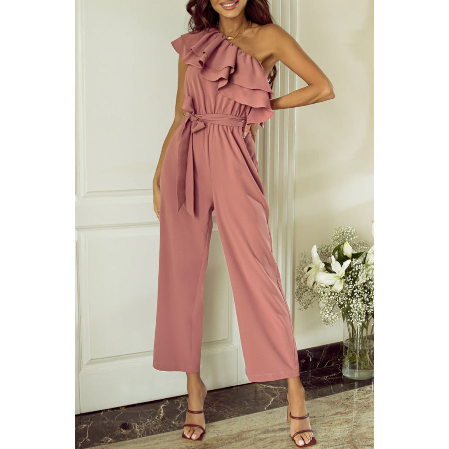 Ruffled Tied One - Shoulder Jumpsuit Light Mauve / M Apparel and Accessories