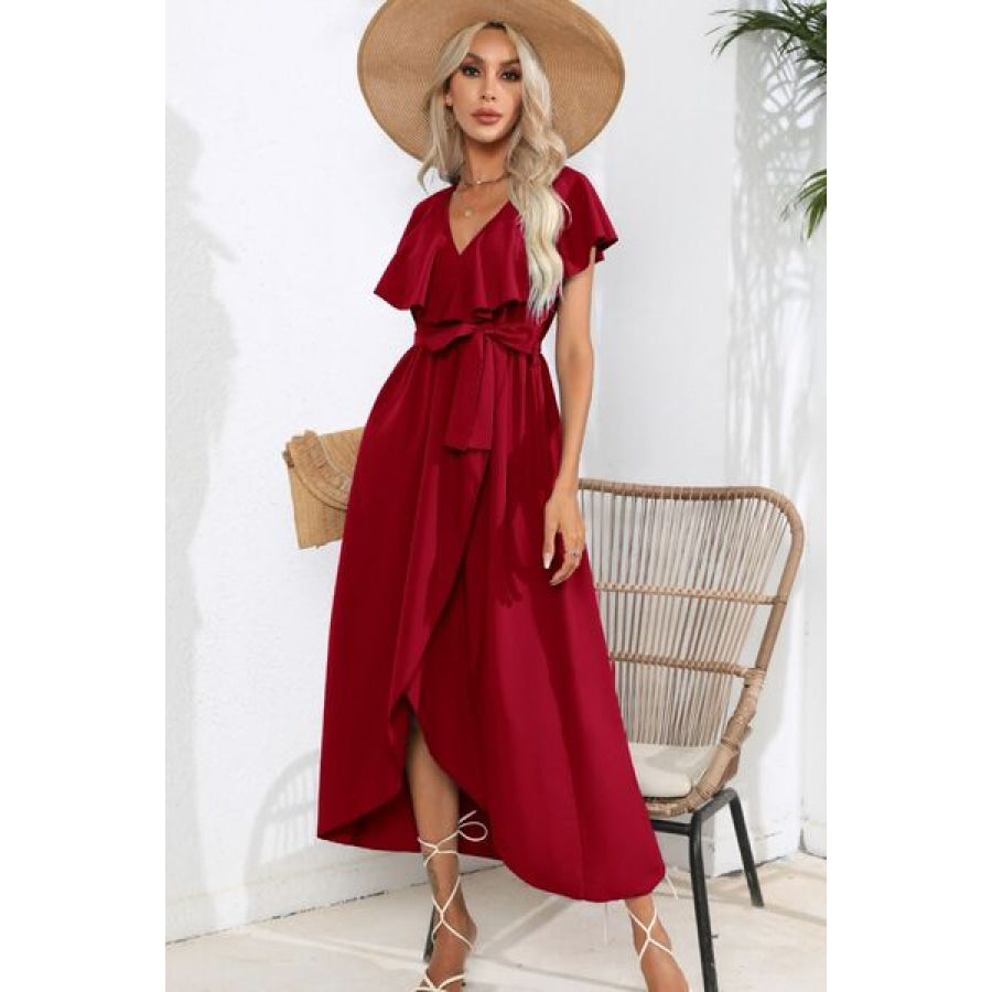 Ruffled Tied V - Neck Midi Dress Apparel and Accessories