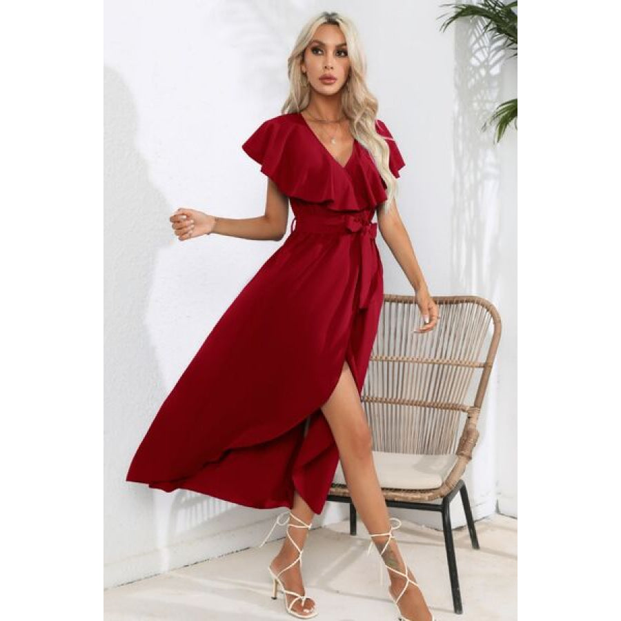 Ruffled Tied V - Neck Midi Dress Apparel and Accessories