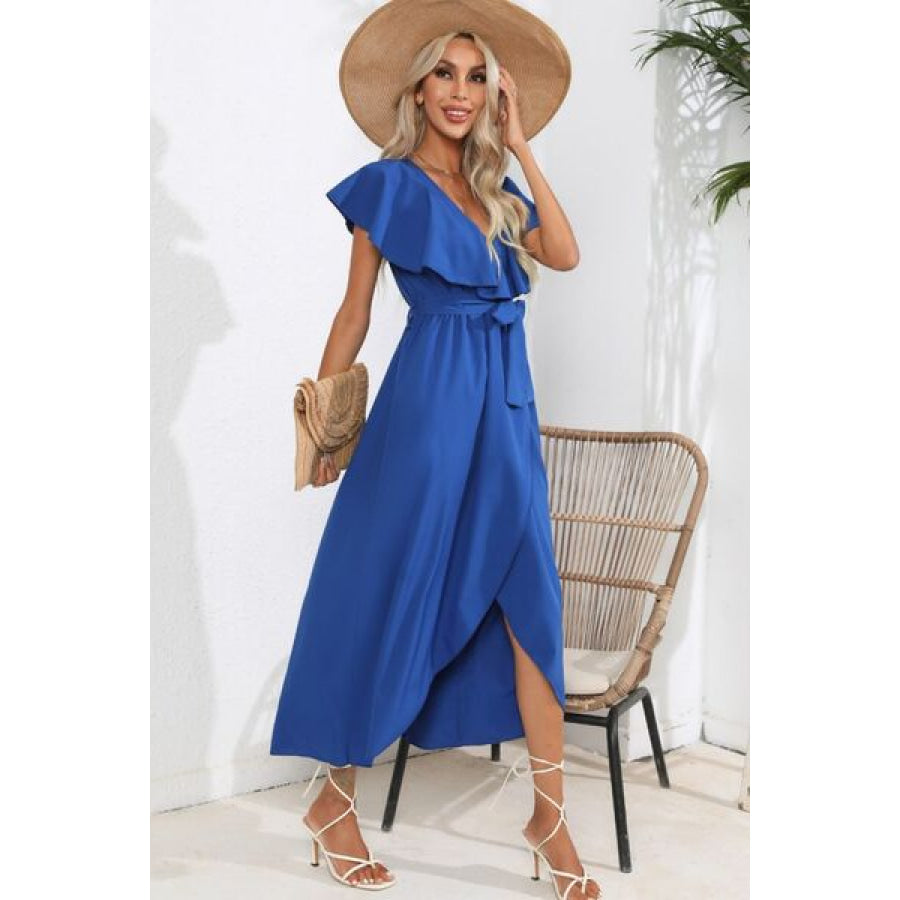 Ruffled Tied V - Neck Midi Dress Apparel and Accessories