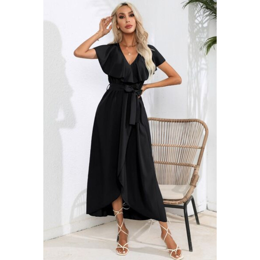 Ruffled Tied V - Neck Midi Dress Black / S Apparel and Accessories