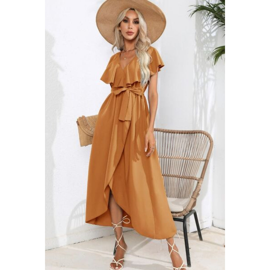 Ruffled Tied V - Neck Midi Dress Ochre / S Apparel and Accessories