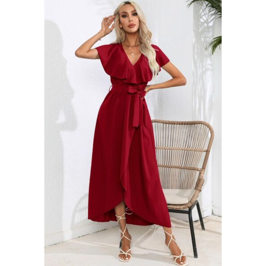 Ruffled Tied V - Neck Midi Dress Wine / S Apparel and Accessories