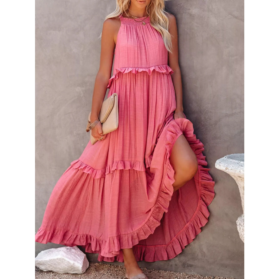 Ruffled Tiered Sleeveless Maxi Dress Pink / S Apparel and Accessories