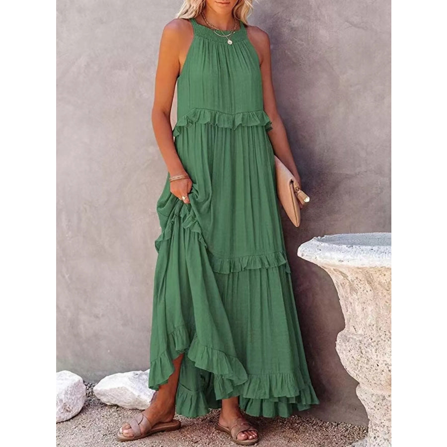 Ruffled Tiered Sleeveless Maxi Dress Green / S Apparel and Accessories