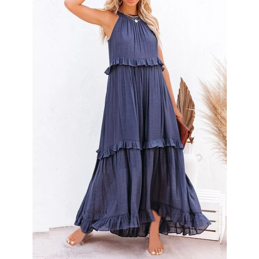 Ruffled Tiered Sleeveless Maxi Dress Navy / S Apparel and Accessories