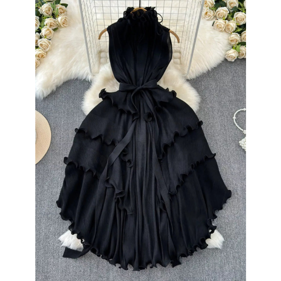 Ruffled Tiered Sleeveless Midi Dress Black / One Size Apparel and Accessories