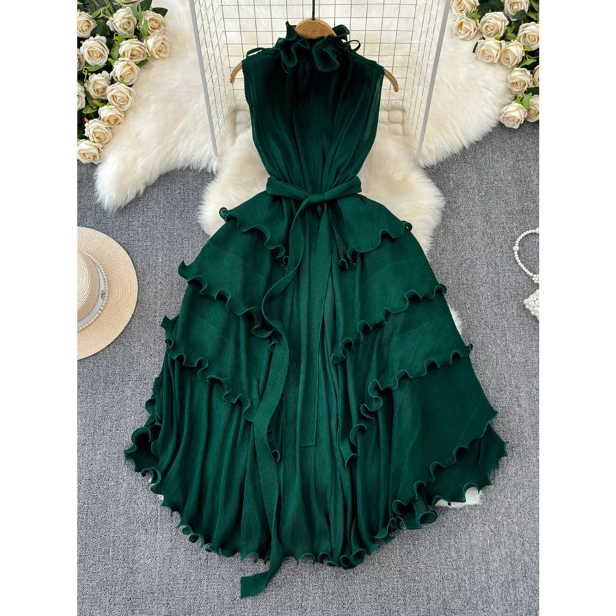 Ruffled Tiered Sleeveless Midi Dress Dark Green / One Size Apparel and Accessories