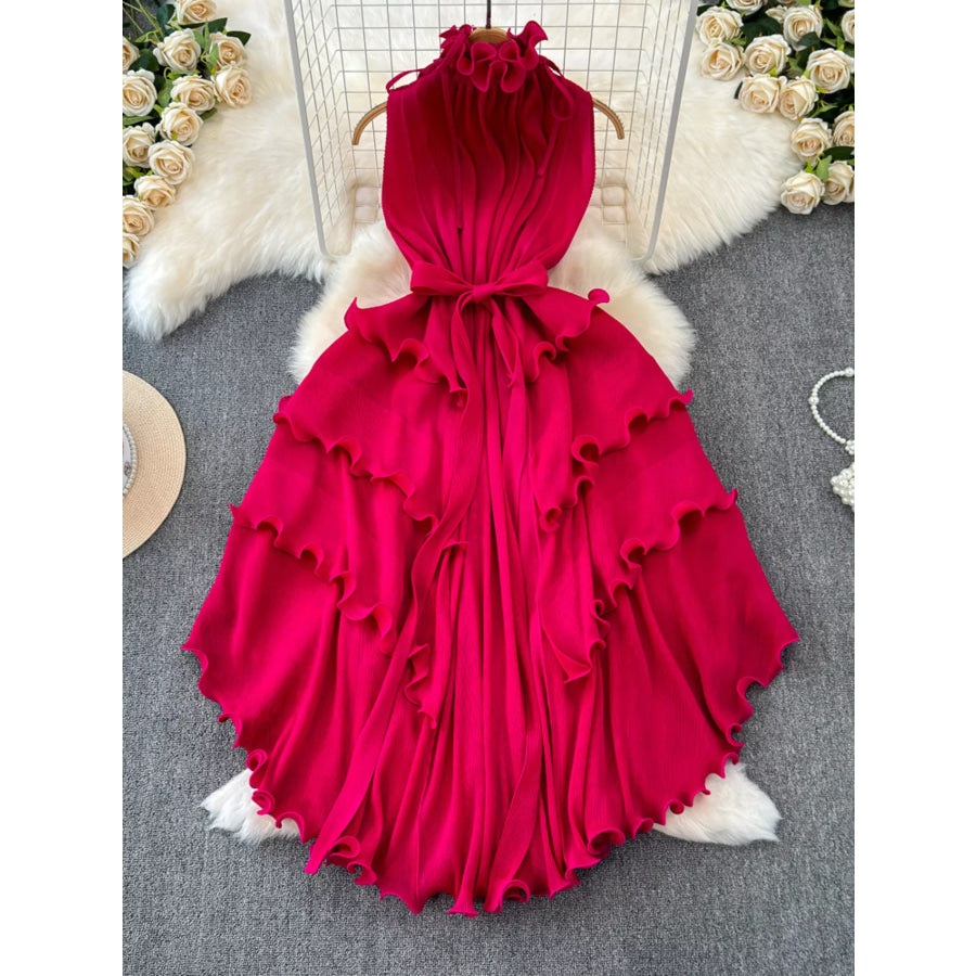 Ruffled Tiered Sleeveless Midi Dress Rose Red / One Size Apparel and Accessories