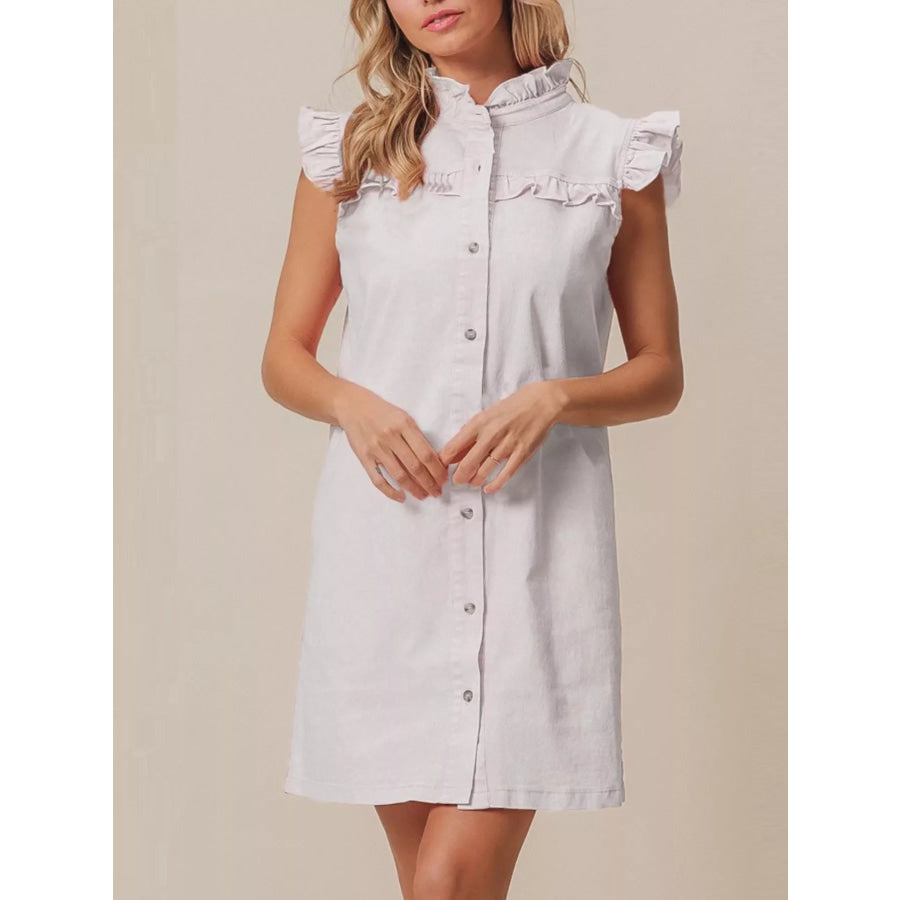 Ruffled Trim Button-Down Denim Dress White / S Apparel and Accessories