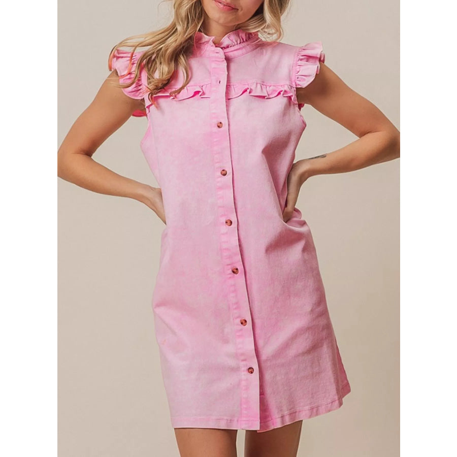 Ruffled Trim Button-Down Denim Dress Apparel and Accessories