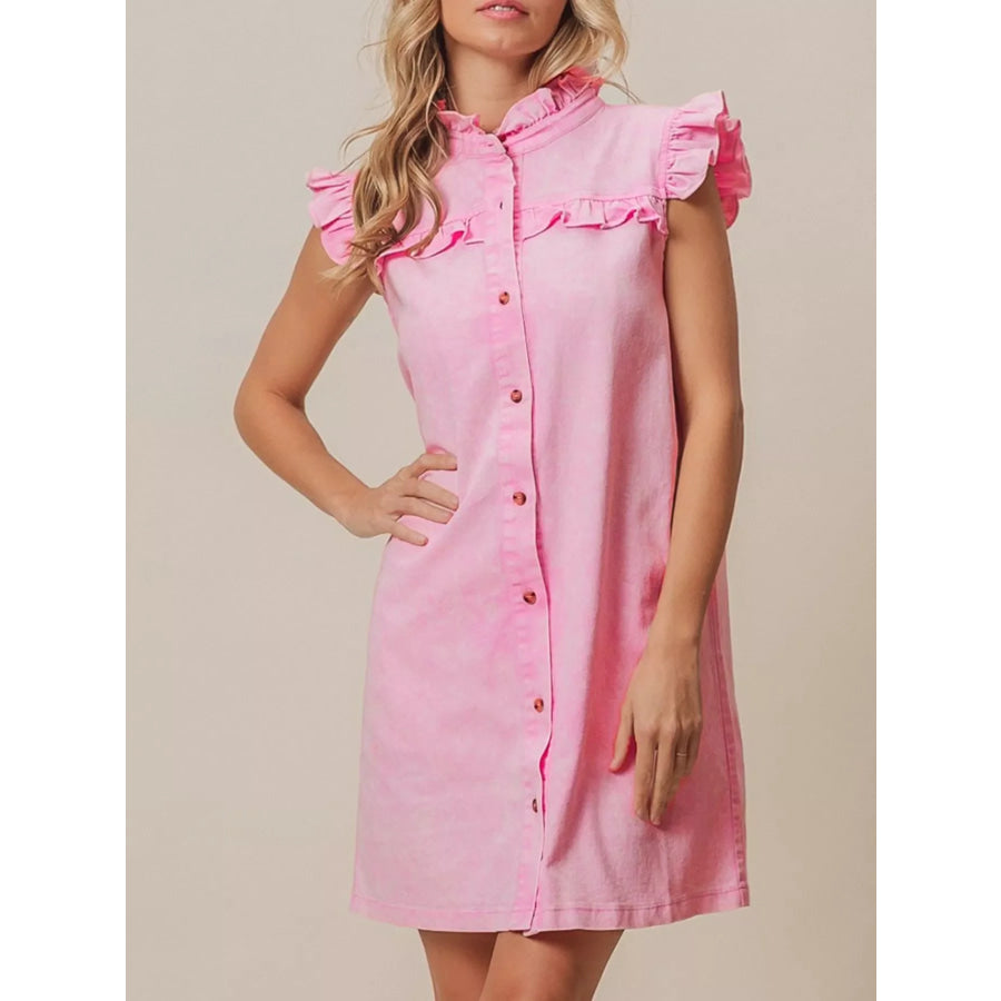 Ruffled Trim Button-Down Denim Dress Pink / S Apparel and Accessories