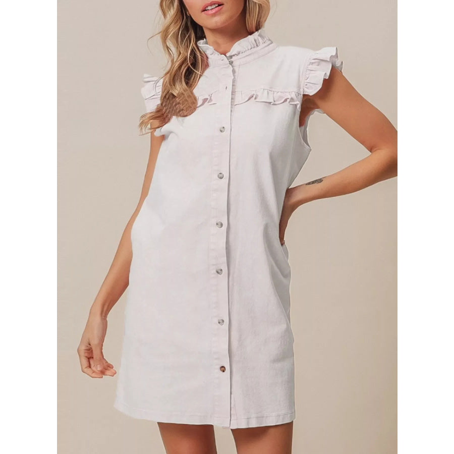 Ruffled Trim Button-Down Denim Dress White / S Apparel and Accessories