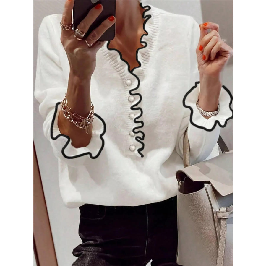 Ruffled Trim Button Front Sweater White / S Apparel and Accessories