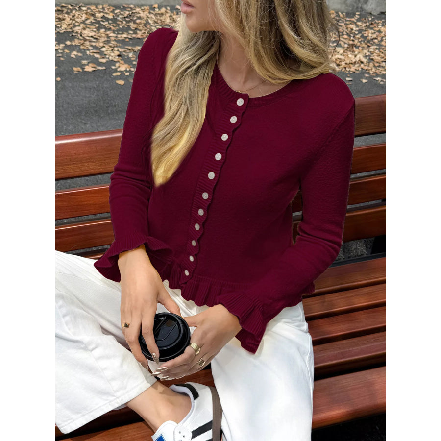 Ruffled Trim Button-Up Knit Cardigan Apparel and Accessories