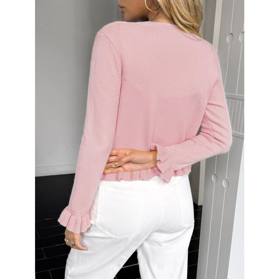 Ruffled Trim Button-Up Knit Cardigan Apparel and Accessories