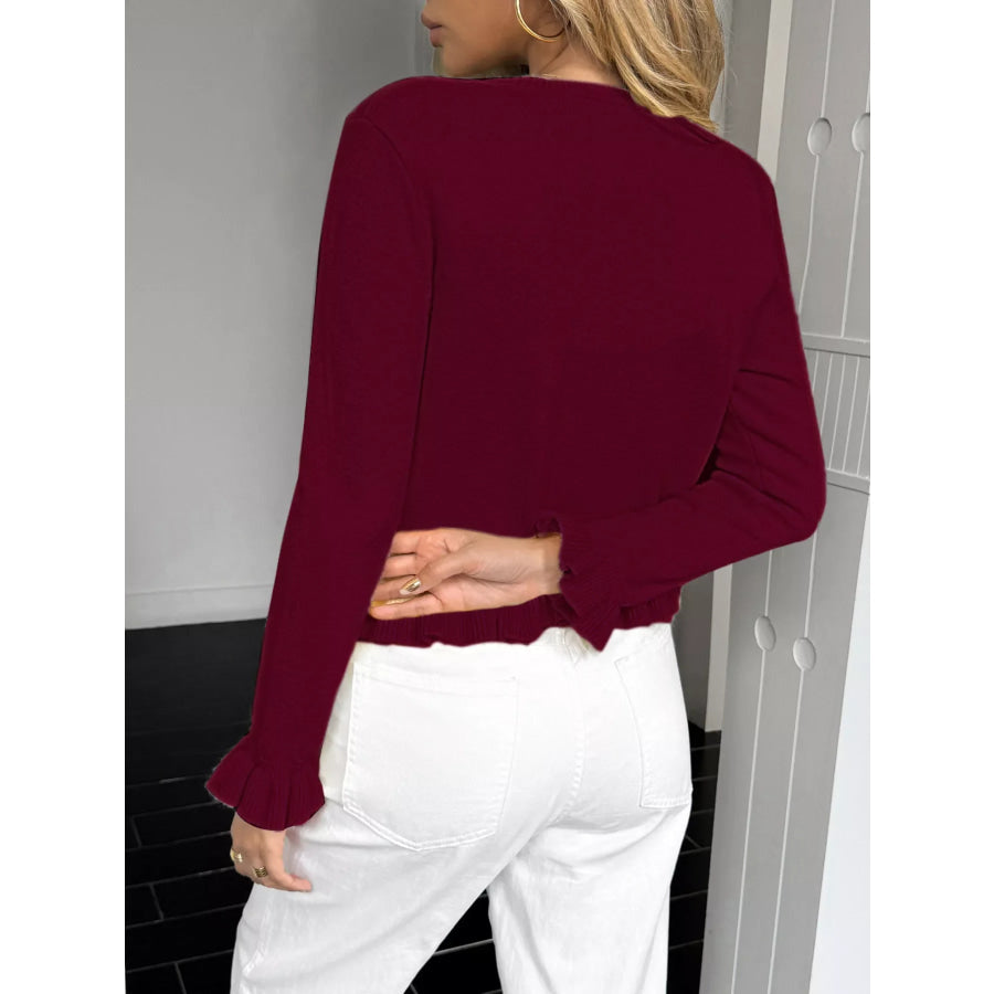 Ruffled Trim Button-Up Knit Cardigan Apparel and Accessories