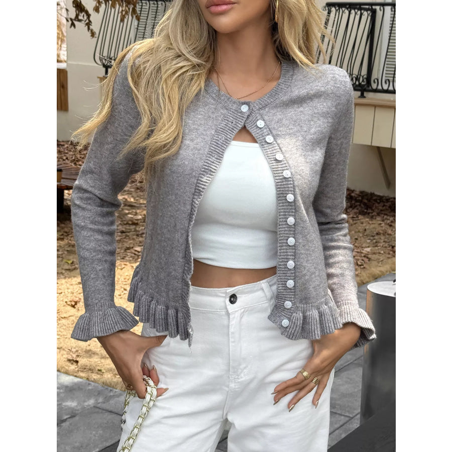 Ruffled Trim Button-Up Knit Cardigan Apparel and Accessories