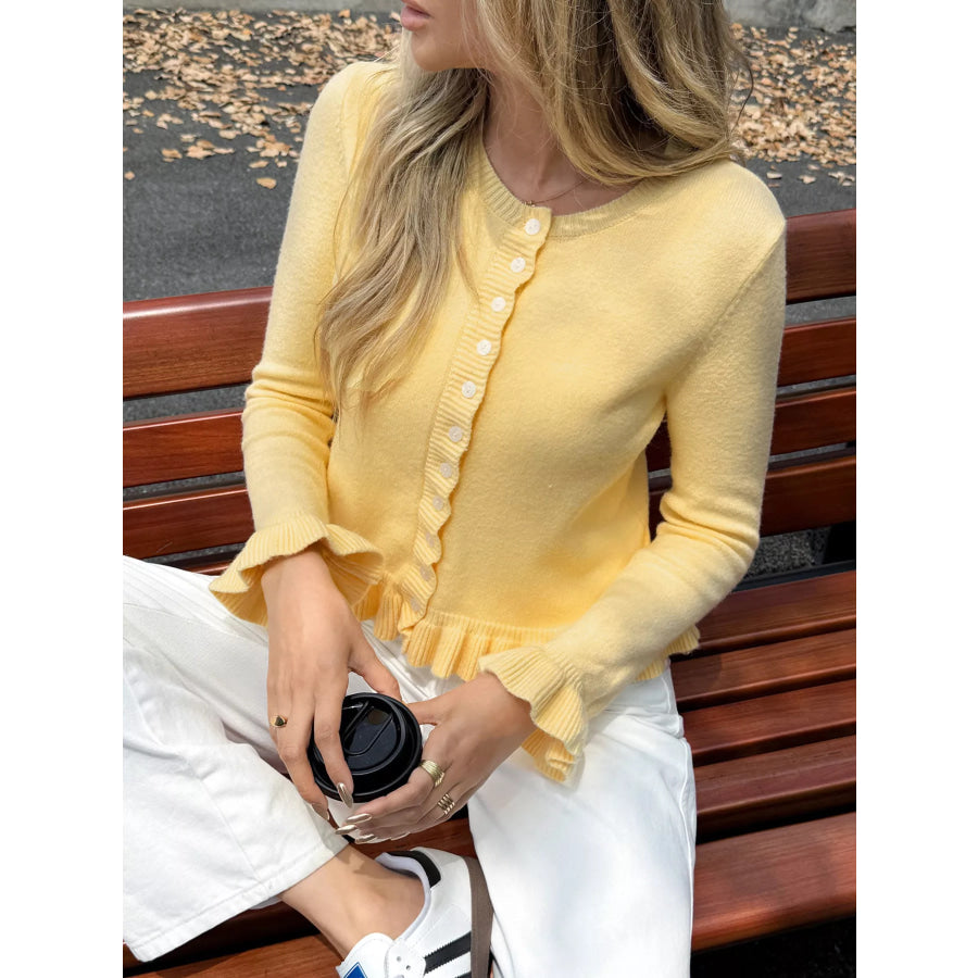 Ruffled Trim Button-Up Knit Cardigan Apparel and Accessories