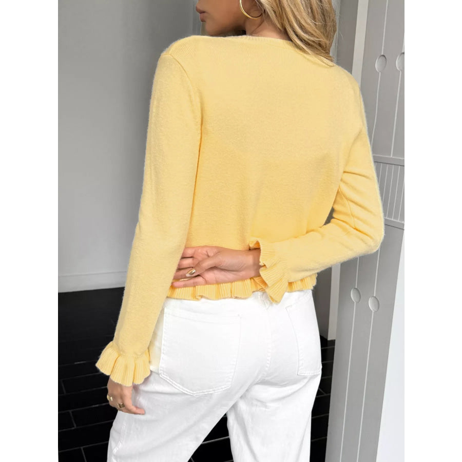Ruffled Trim Button-Up Knit Cardigan Apparel and Accessories