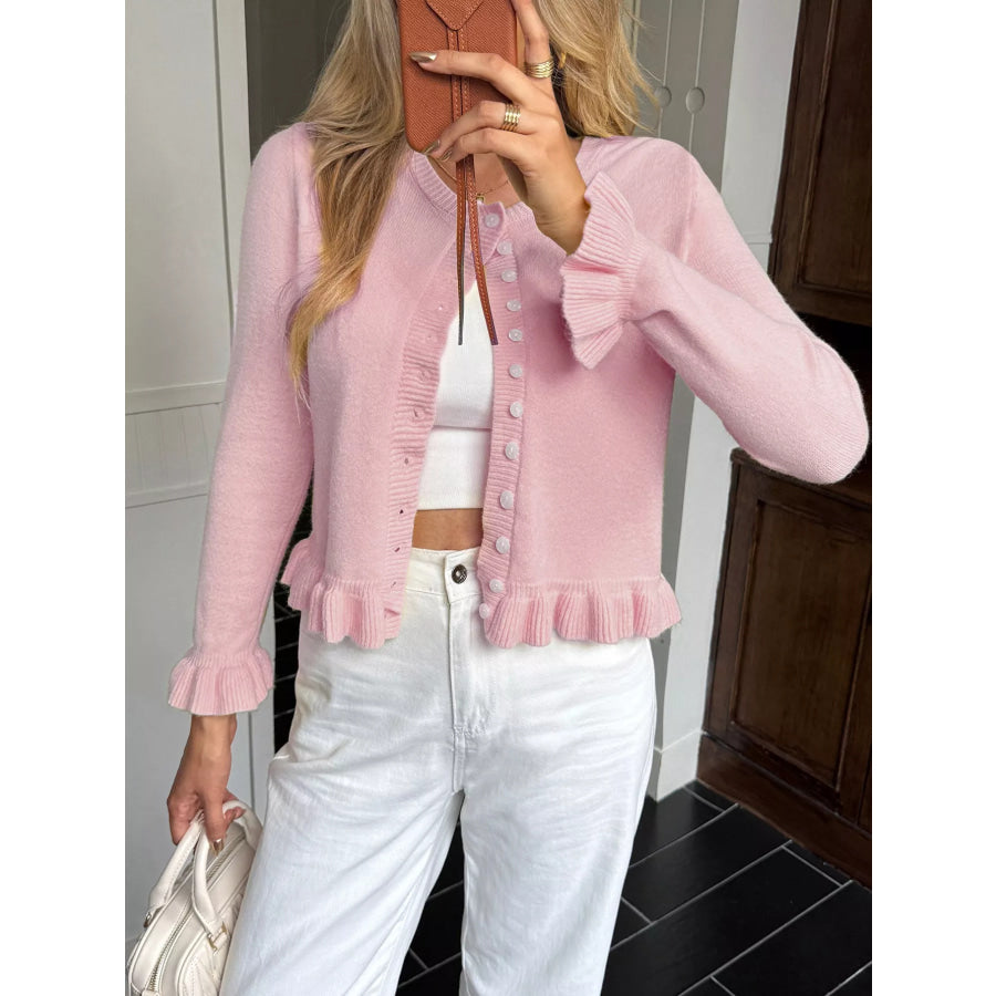 Ruffled Trim Button-Up Knit Cardigan Blush Pink / S Apparel and Accessories