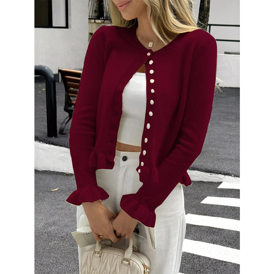 Ruffled Trim Button-Up Knit Cardigan Burgundy / S Apparel and Accessories