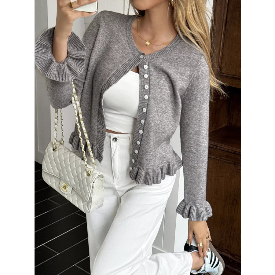 Ruffled Trim Button-Up Knit Cardigan Gray / S Apparel and Accessories