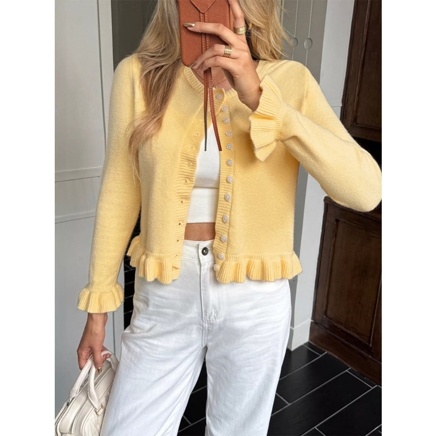 Ruffled Trim Button-Up Knit Cardigan Pastel Yellow / S Apparel and Accessories