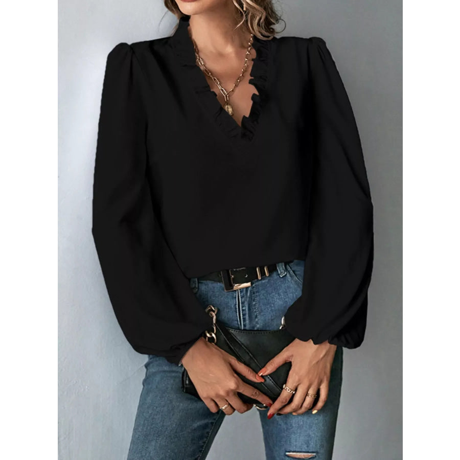 Ruffled Trim V-Neck Blouse Apparel and Accessories