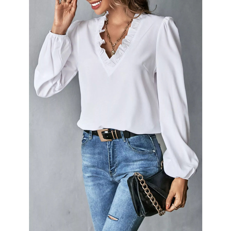 Ruffled Trim V-Neck Blouse Apparel and Accessories