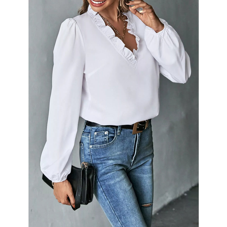 Ruffled Trim V-Neck Blouse Apparel and Accessories