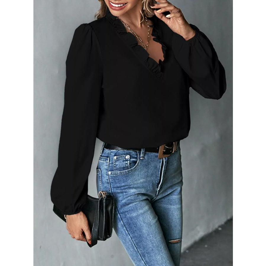 Ruffled Trim V-Neck Blouse Apparel and Accessories